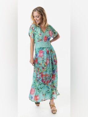 Cienna Lillipilly Dress teal floral dress sz M US 6 100% silk viscose